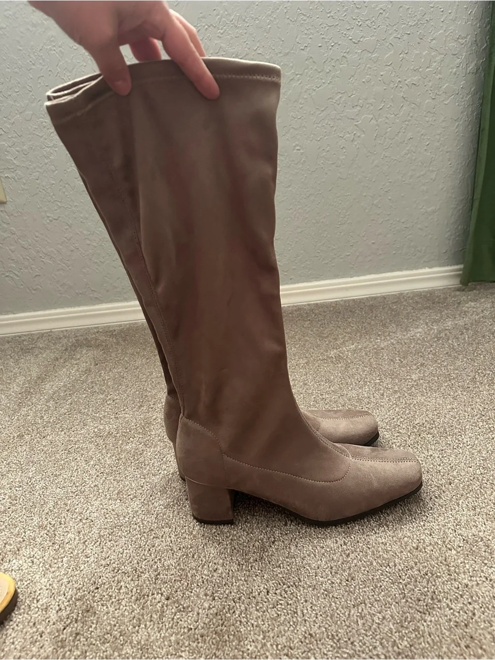 Brand New Knee-High Block Heel Faux Suede Boots in Taupe